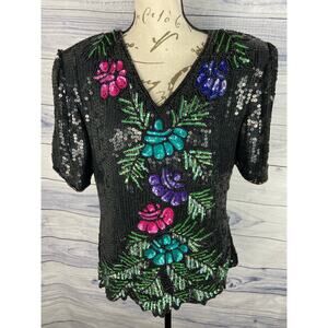 Vintage Stenay Silk Evening Blouse Women S Bead Sequin Lined Short Sleeve Zip